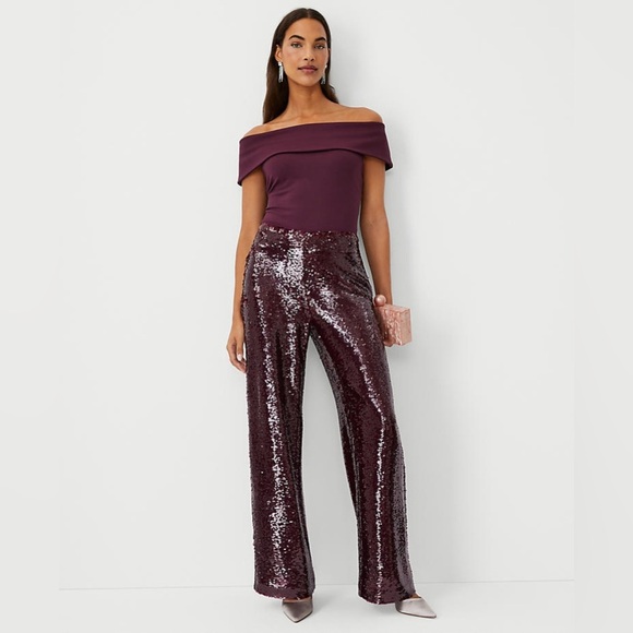 Ann Taylor The Sequin Side Zip Wide Leg Pant Maroon - Picture 1 of 7